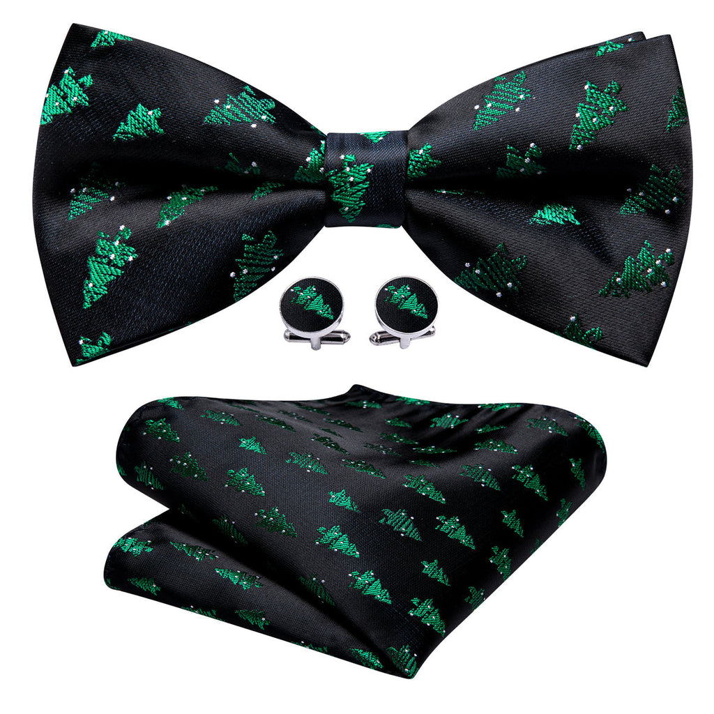 Black Green Xmas Tree Bow Tie Set - GentCrest