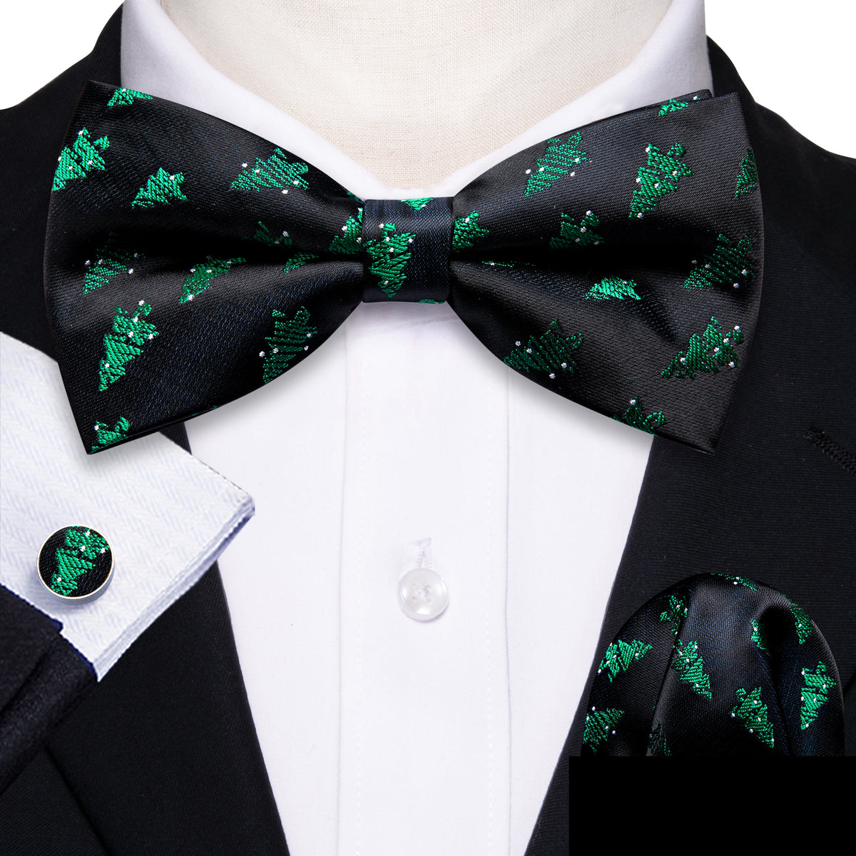 Black Green Xmas Tree Bow Tie Set - GentCrest - View 2
