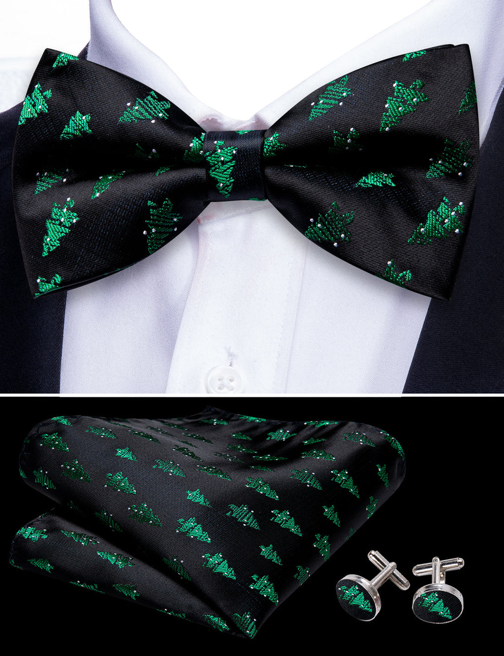 Black Green Xmas Tree Bow Tie Set - GentCrest - View 5