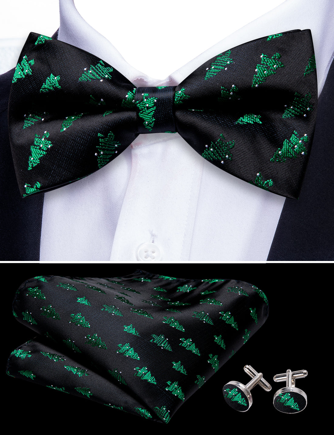 Black Green Xmas Tree Bow Tie Set - GentCrest - View 5