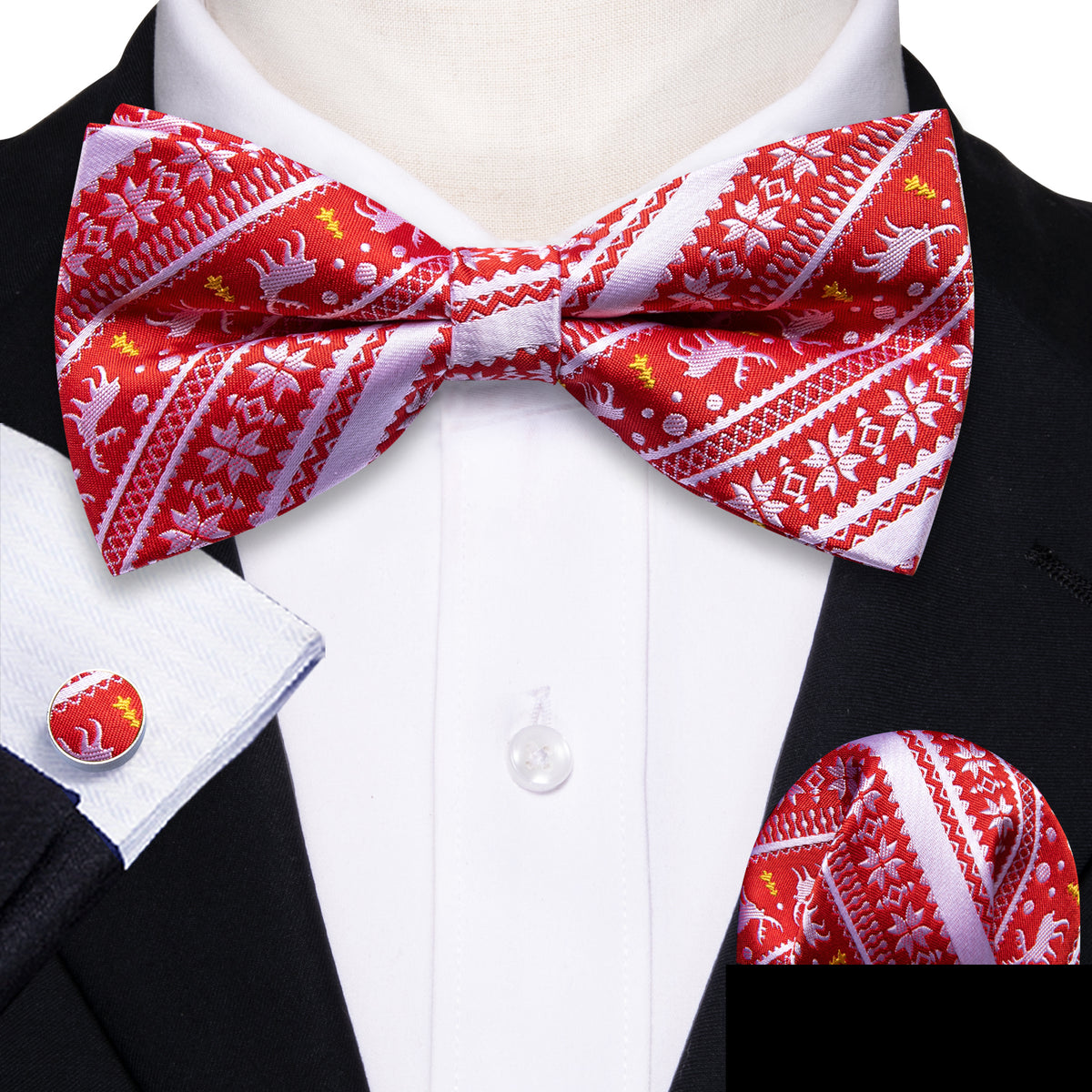 Red White Xmas Elk Bow Tie Set - GentCrest - View 2