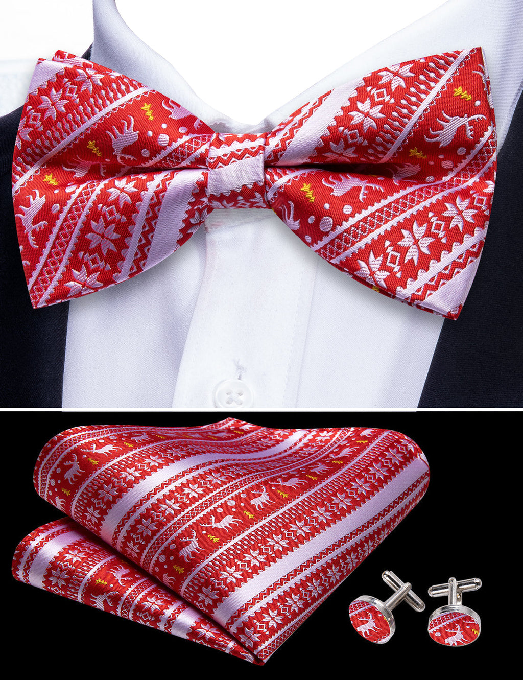 Red White Xmas Elk Bow Tie Set - GentCrest - View 5