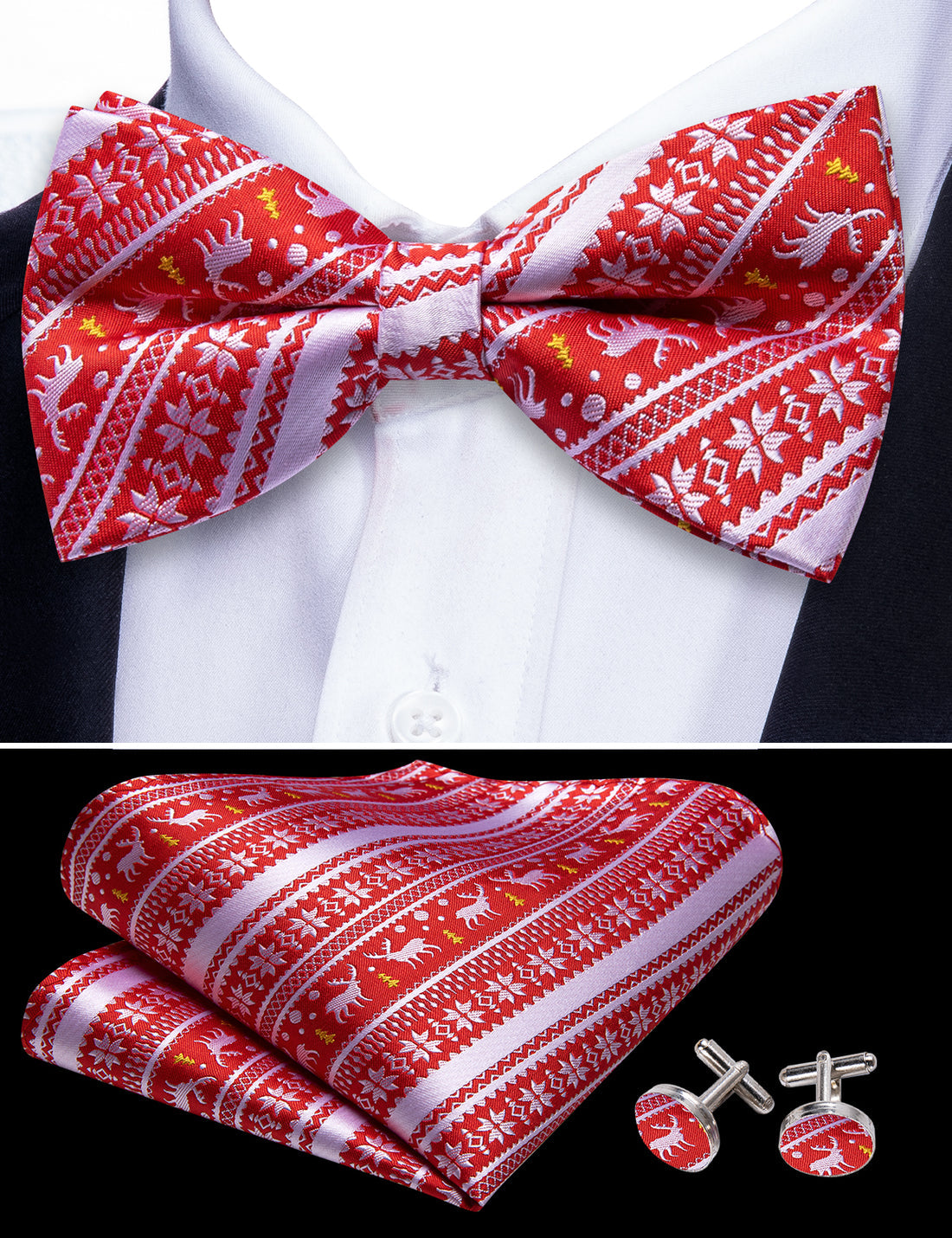 Red White Xmas Elk Bow Tie Set - GentCrest - View 5
