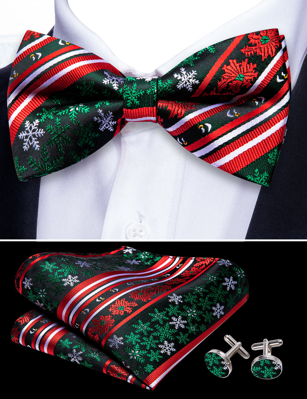 Red Green Christmas Snowflake Bow Tie Set - GentCrest - View 4