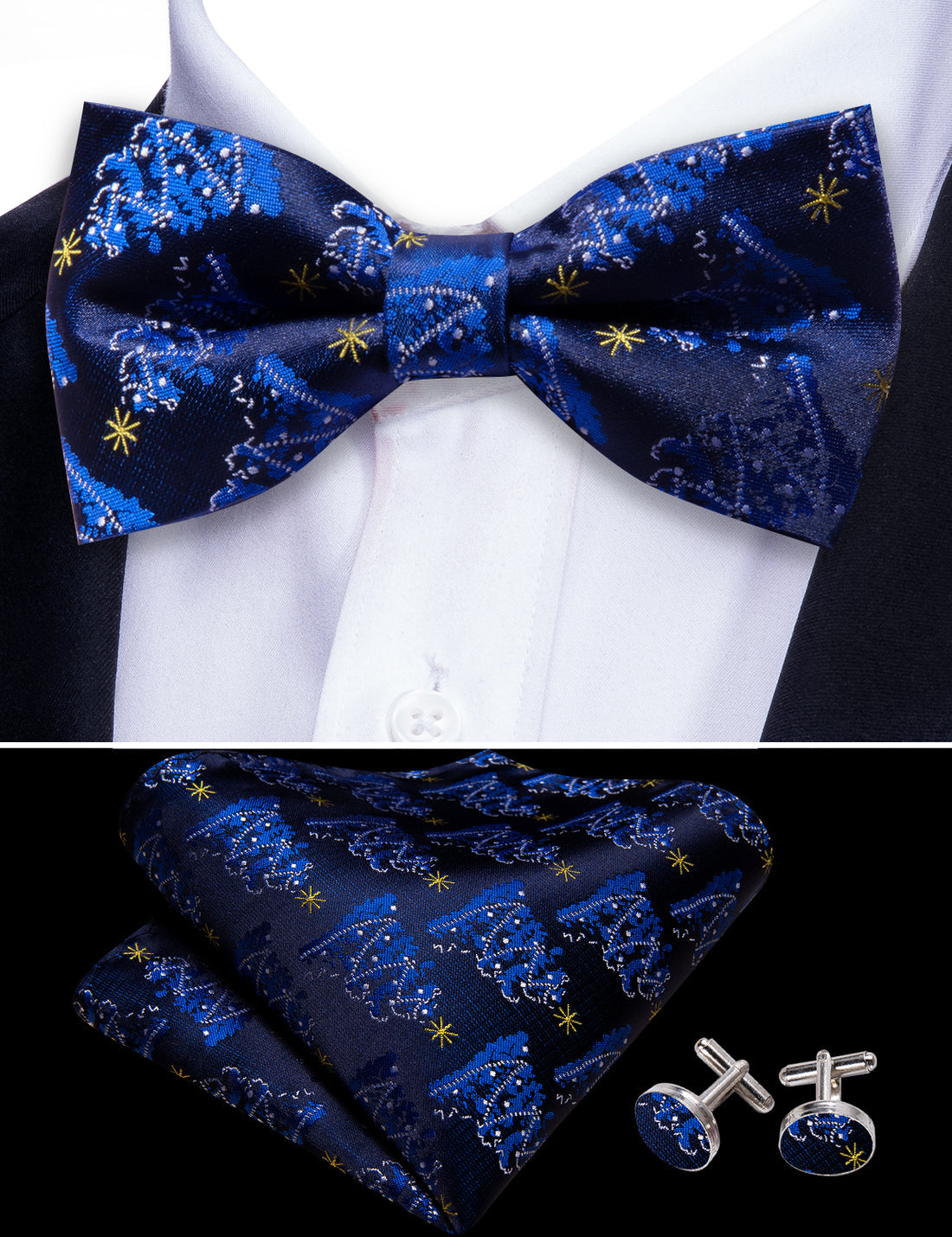Blue White Xmas Tree Bow Tie Set - GentCrest - View 5