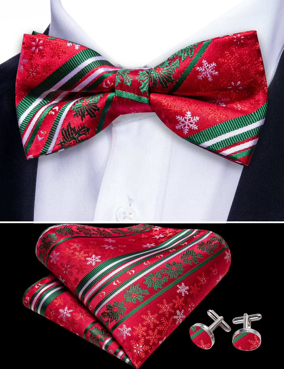 Red Green Xmas Pattern Bow Tie Set - GentCrest - View 3