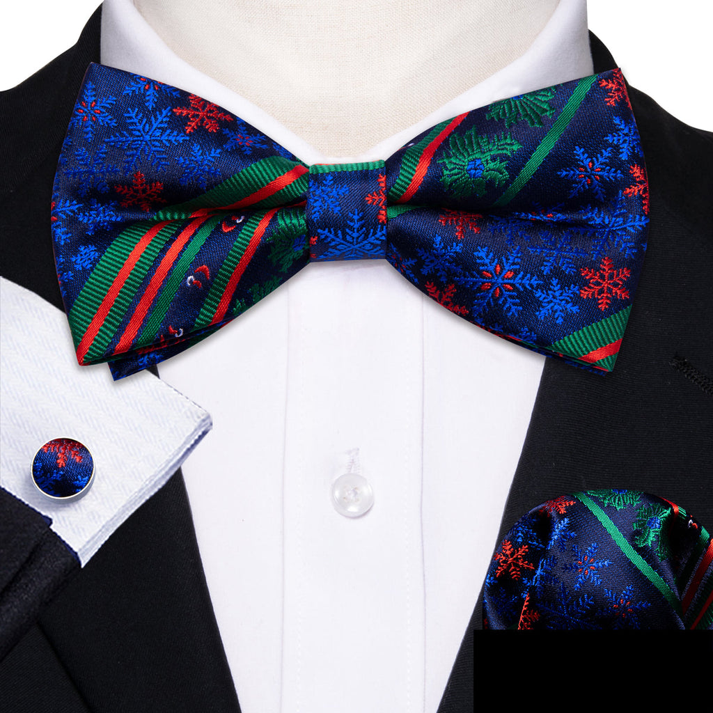 Blue Green Xmas Pattern Bow Tie Set - GentCrest - View 2