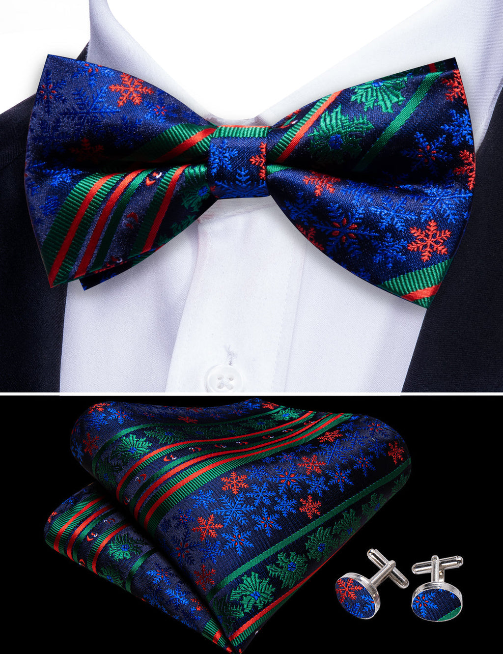 Blue Green Xmas Pattern Bow Tie Set - GentCrest - View 5