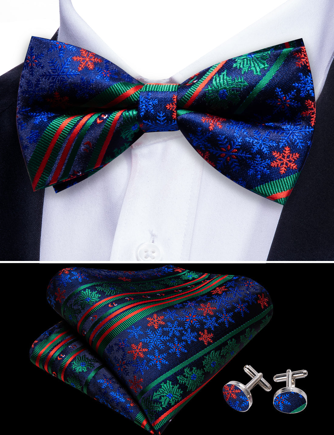 Blue Green Xmas Pattern Bow Tie Set - GentCrest - View 5
