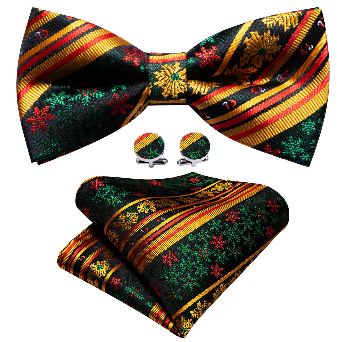 Gold Green Snowflake Christmas Bow Tie Set - GentCrest