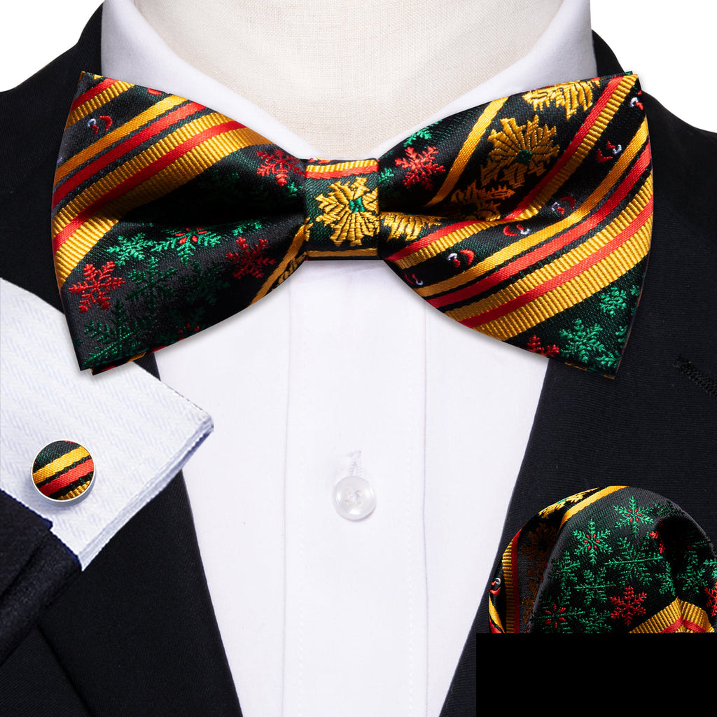 Gold Green Snowflake Christmas Bow Tie Set - GentCrest - View 2