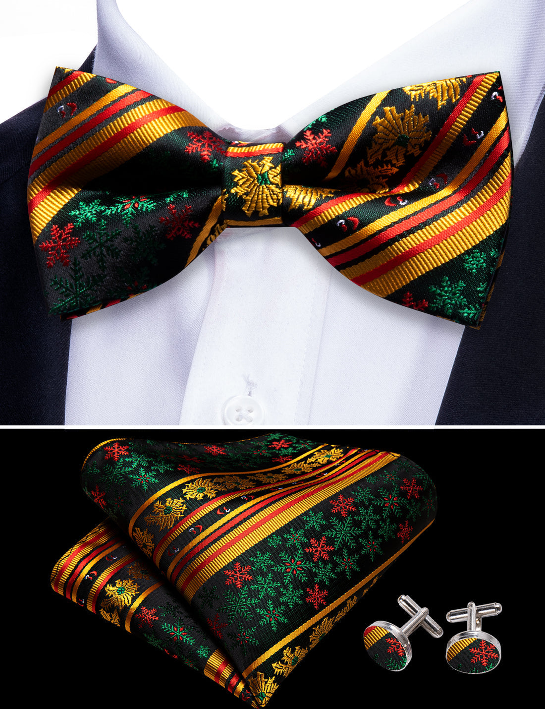 Gold Green Snowflake Christmas Bow Tie Set - GentCrest - View 5
