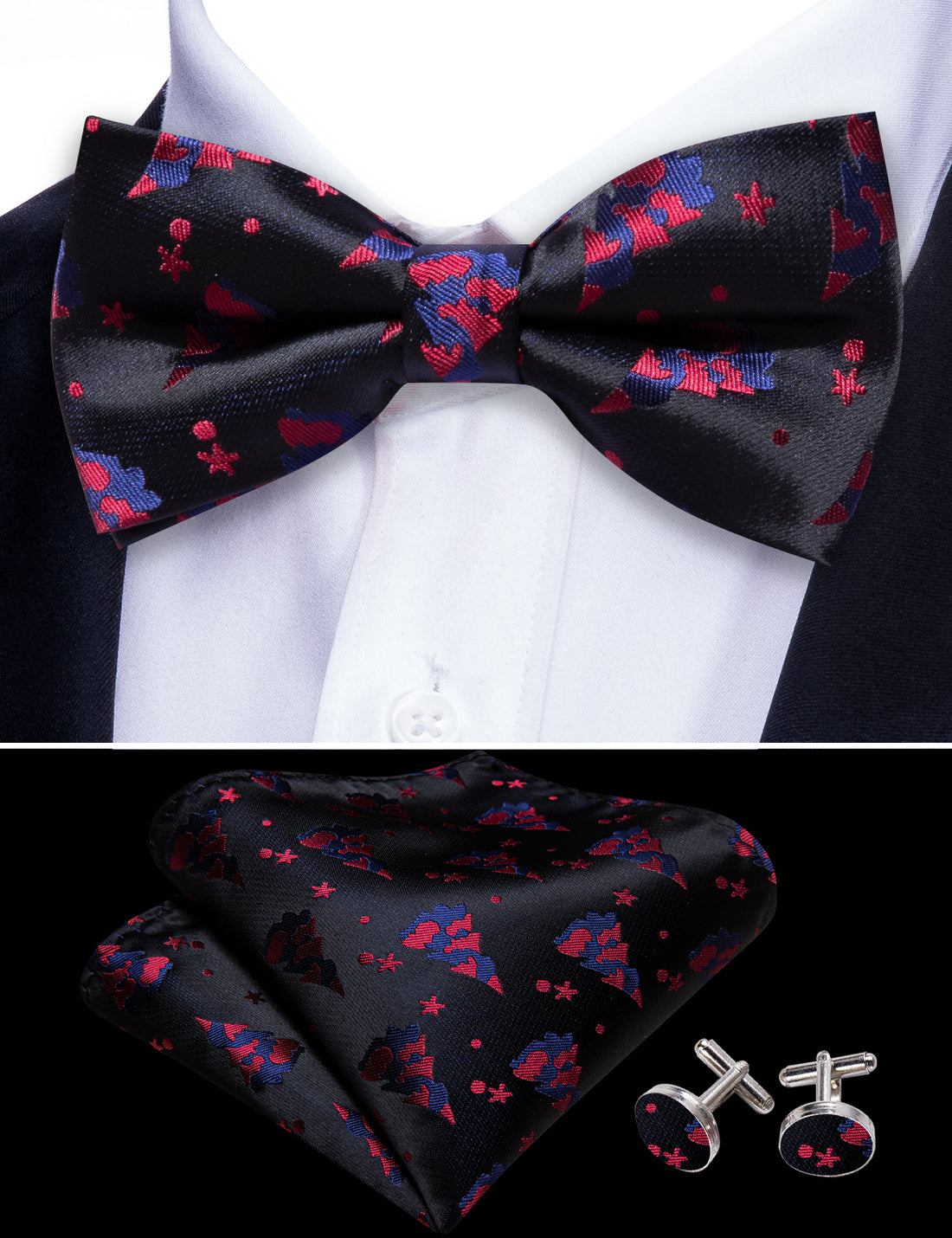 Black Red Xmas Tree Bow Tie Set - GentCrest - View 5
