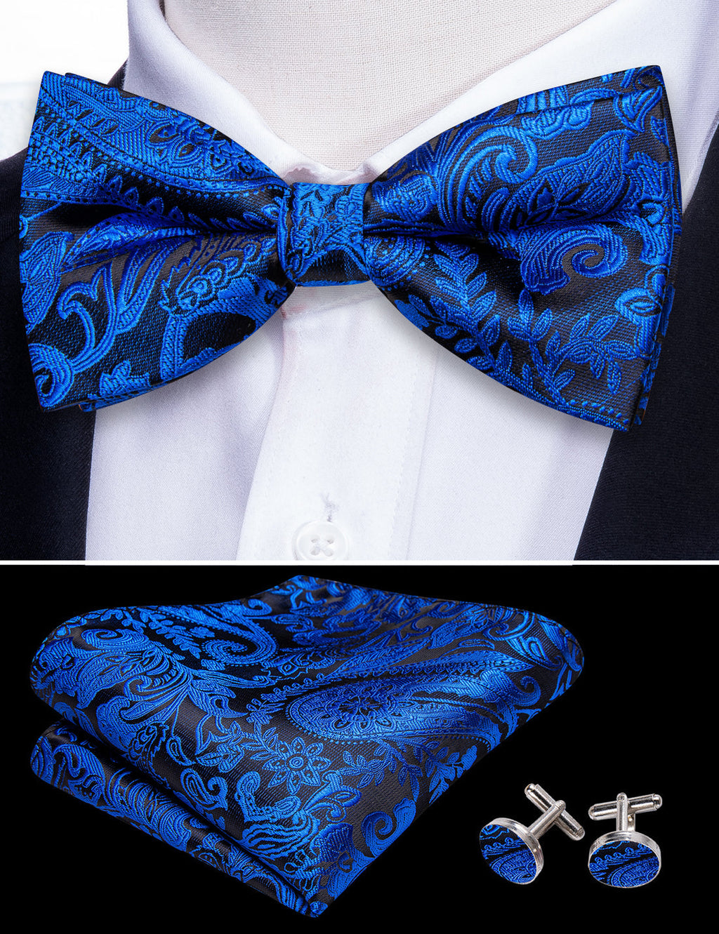 Peacock Blue Paisley Bow Tie Set - GentCrest - View 3