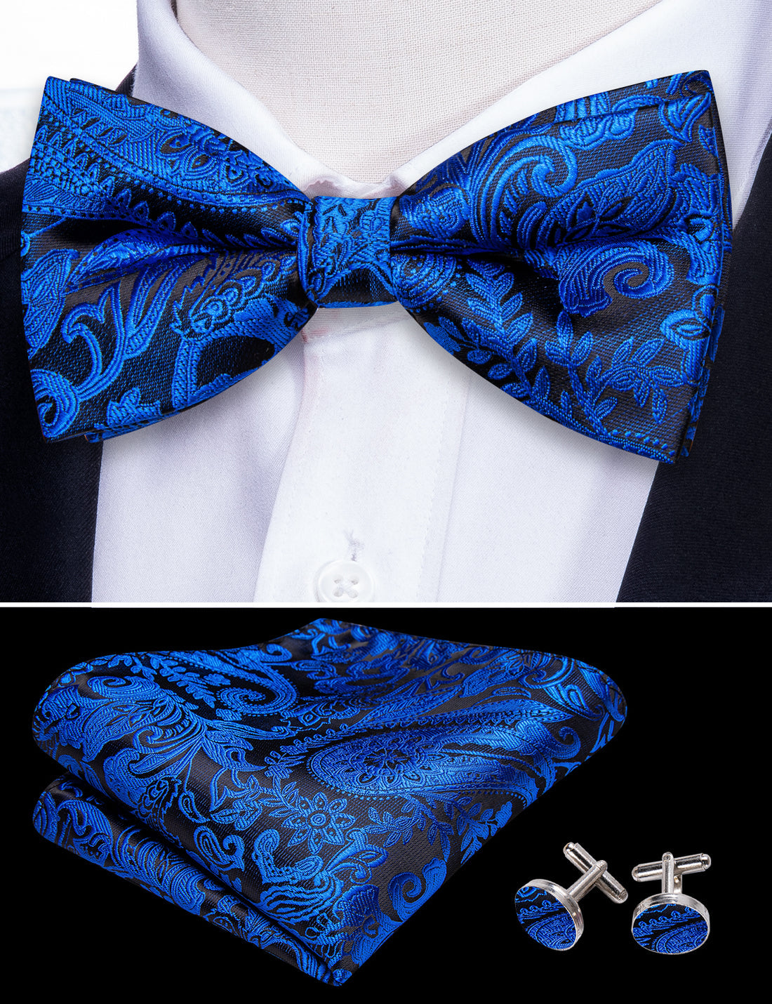 Peacock Blue Paisley Bow Tie Set - GentCrest - View 3