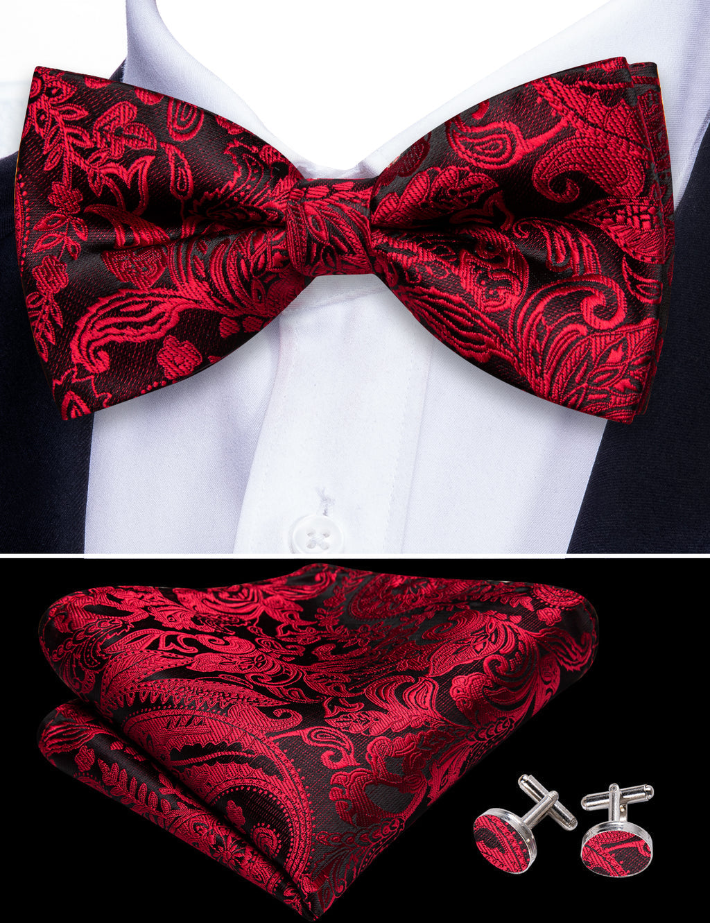 Black Red Paisley Bow Tie Set - GentCrest - View 5