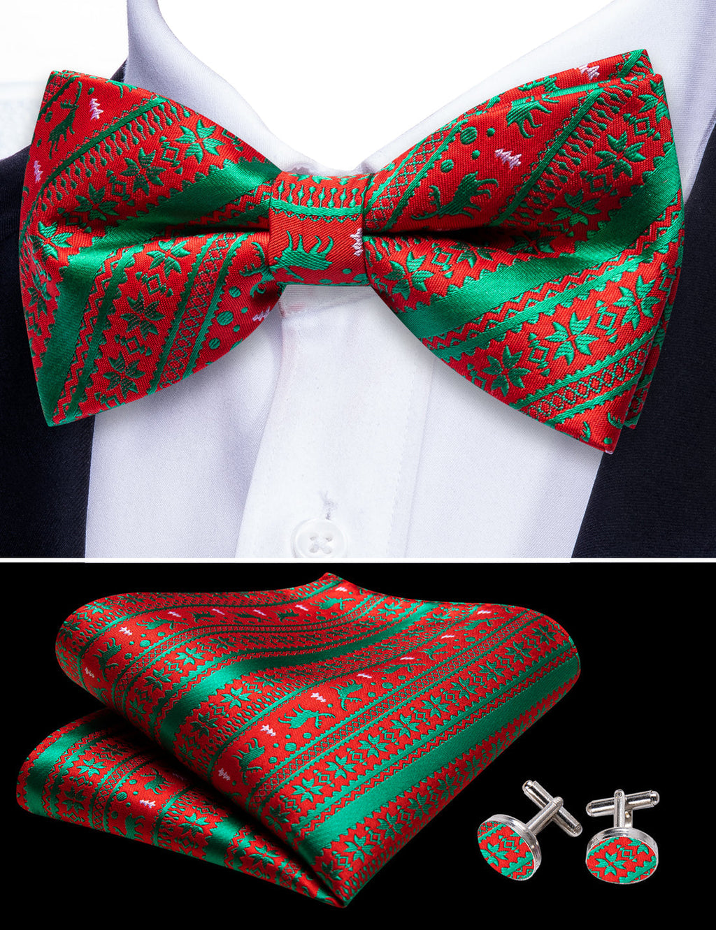 Red Green Elk Christmas Bow Tie Set - GentCrest - View 5