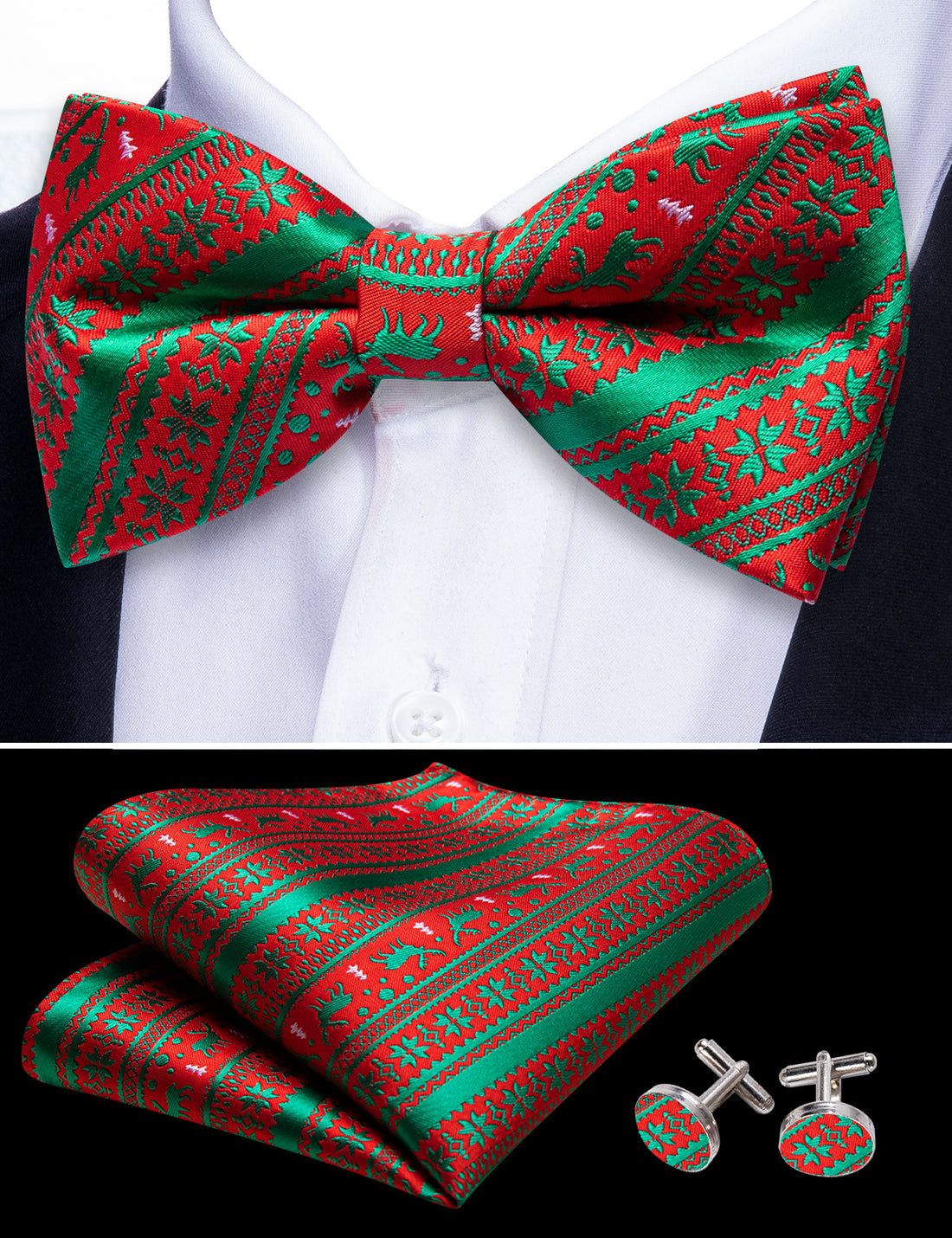 Red Green Elk Christmas Bow Tie Set - GentCrest - View 5