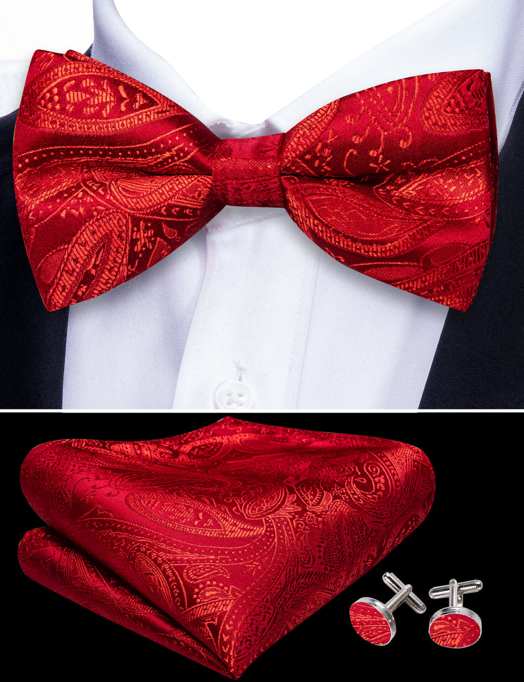 Strong Red Paisley Bow Tie Set - GentCrest - View 6