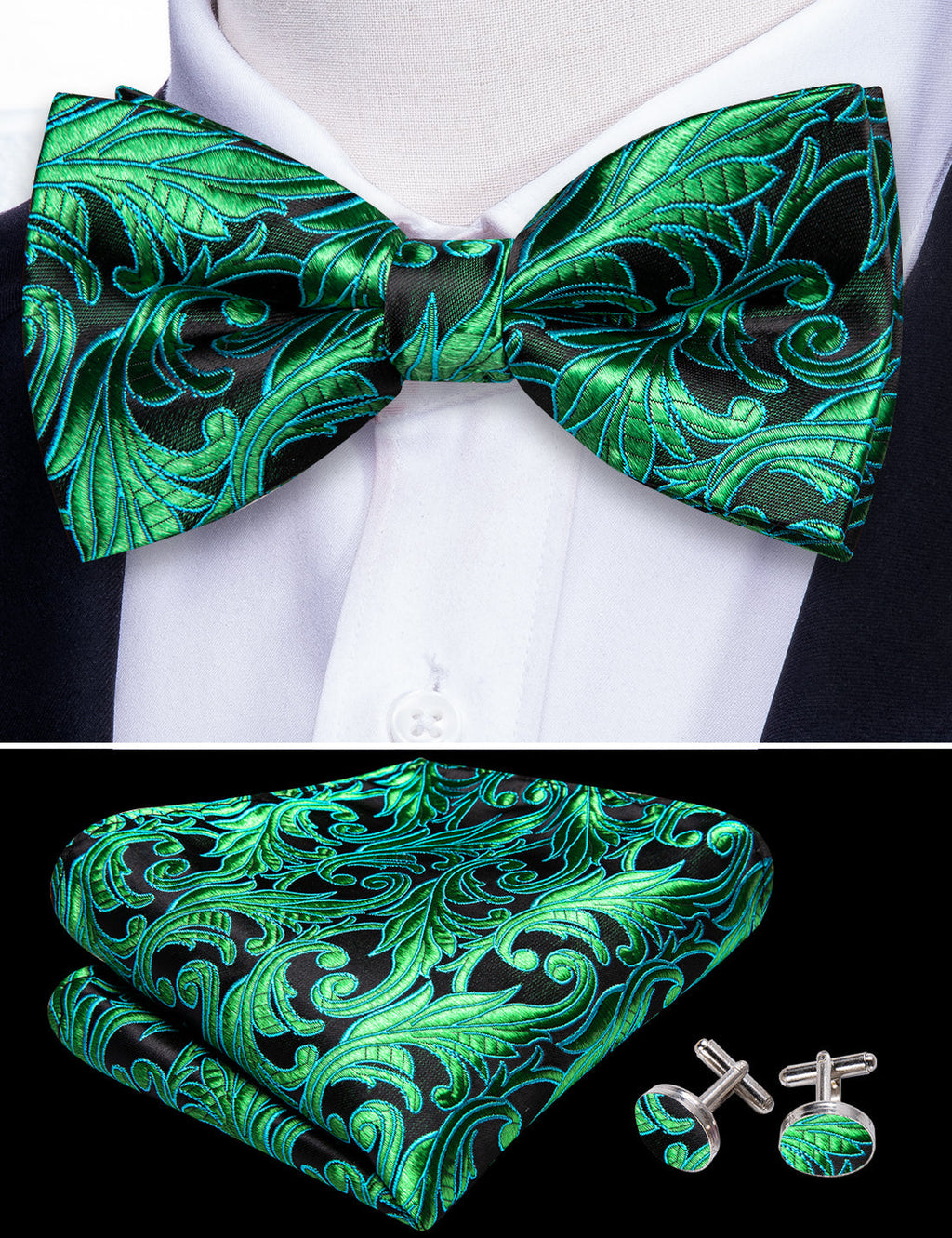 Green Floral Bow Tie Set - GentCrest - View 5