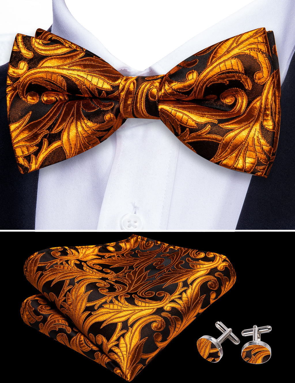 Brown and Orange Floral Bow Tie Set - GentCrest - View 4