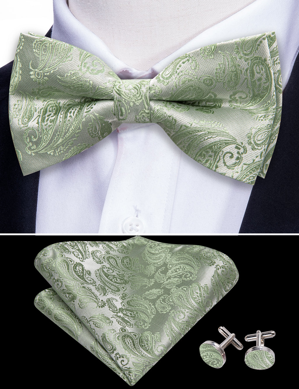 Green Paisley Bow Tie Set - GentCrest - View 3