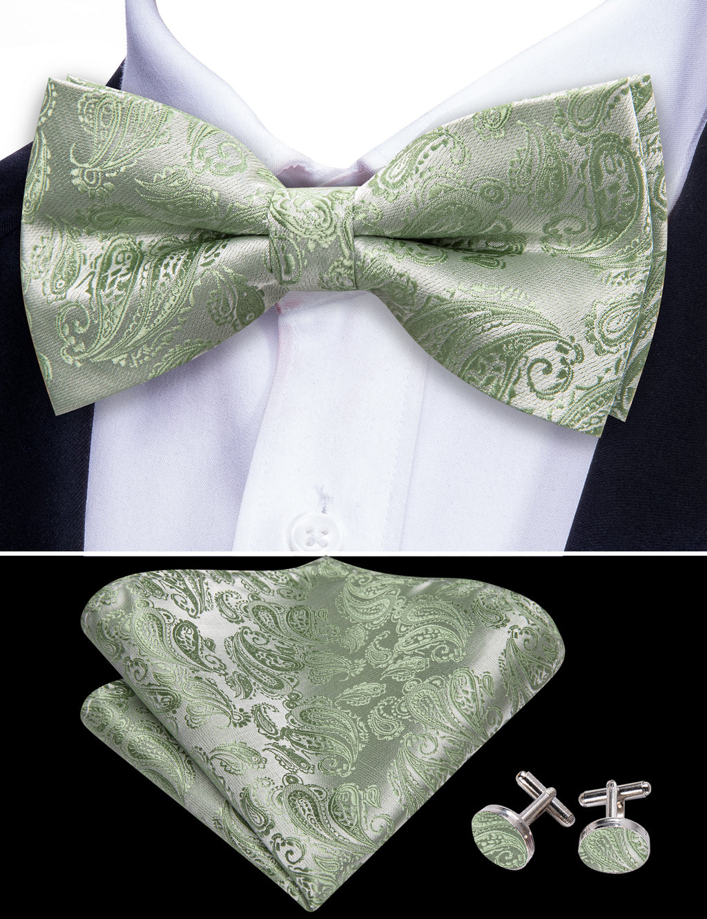 Green Paisley Bow Tie Set - GentCrest - View 4