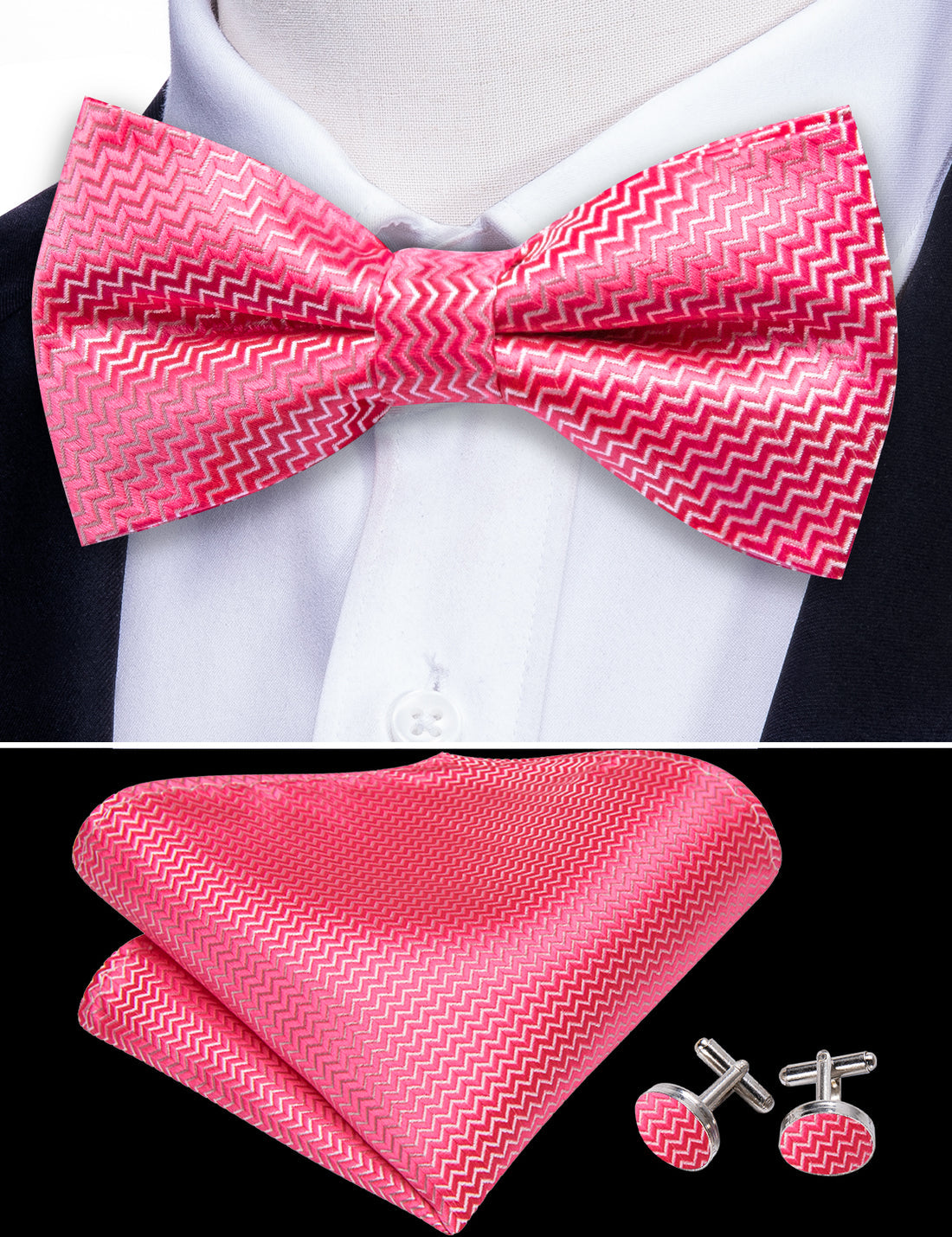 Pink Shock Curve Bow Tie Set - GentCrest - View 2
