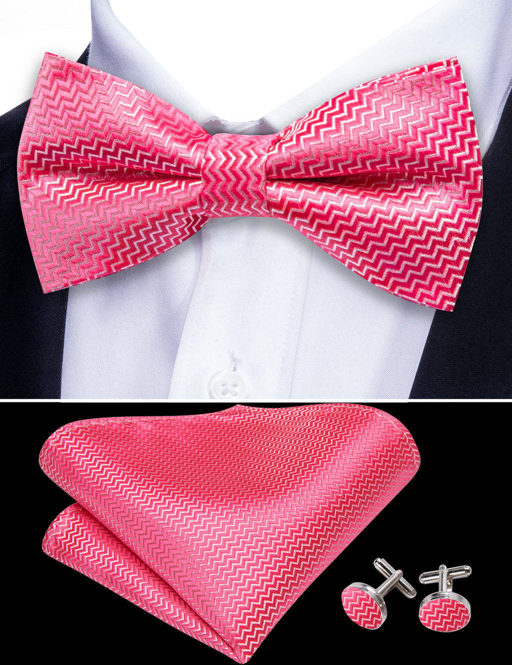 Pink Shock Curve Bow Tie Set - GentCrest - View 4