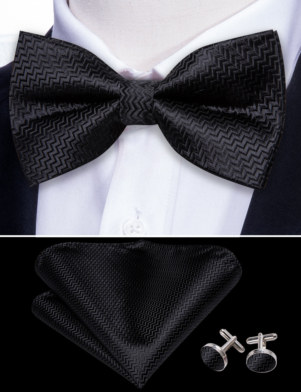 Black Curve Bow Tie Set - GentCrest - View 4