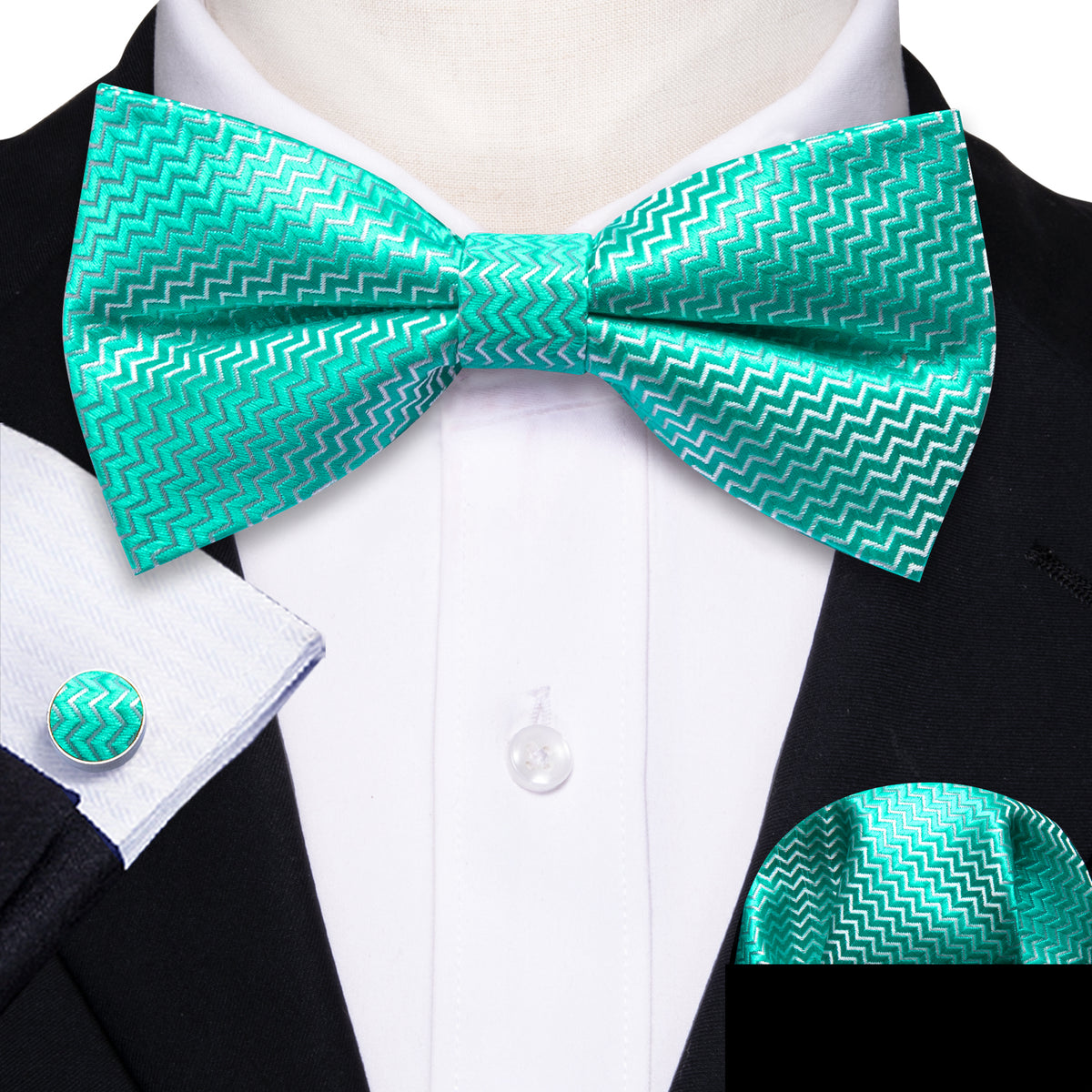 Teal Green Aqua Curve Bow Tie Set - GentCrest - View 2