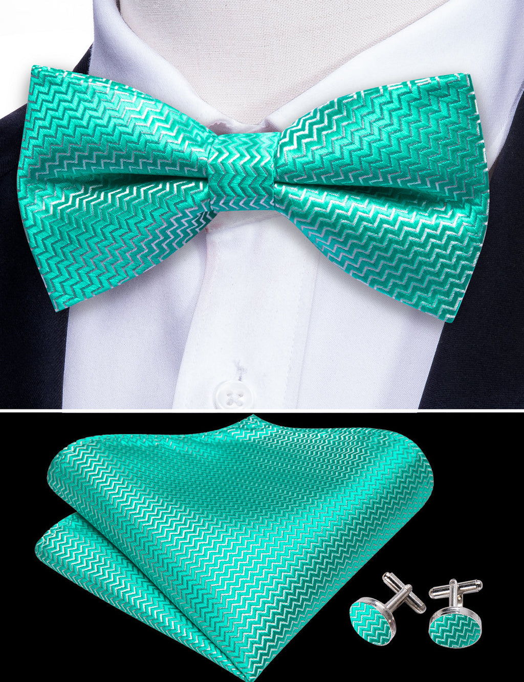 Teal Green Aqua Curve Bow Tie Set - GentCrest - View 3