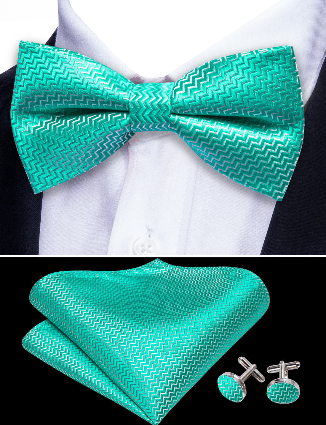Teal Green Aqua Curve Bow Tie Set - GentCrest - View 6