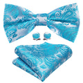 Pale Blue Silver Paisley Bow Tie Set - GentCrest