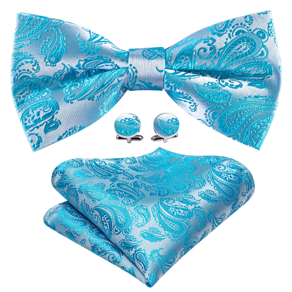 Pale Blue Silver Paisley Bow Tie Set - GentCrest