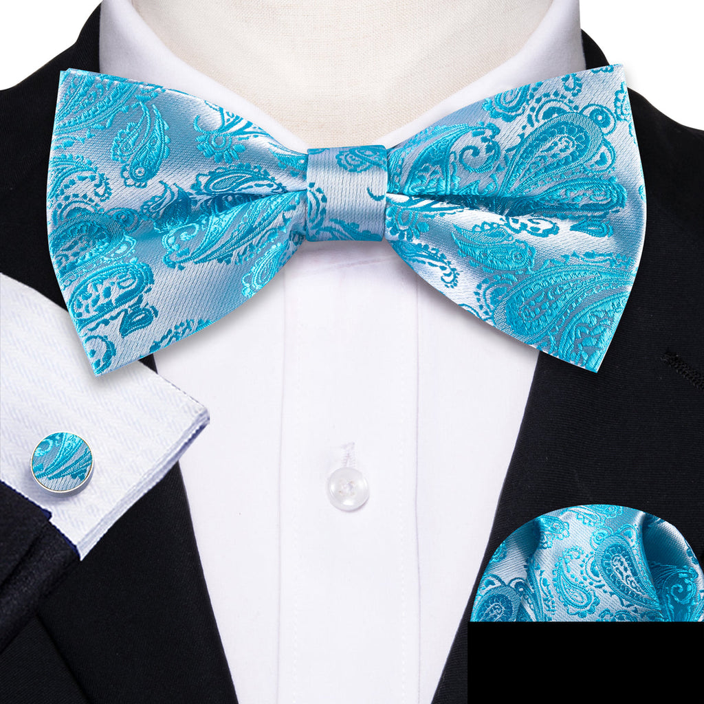 Pale Blue Silver Paisley Bow Tie Set - GentCrest - View 2