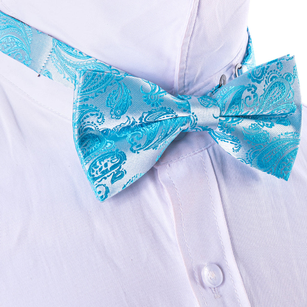 Pale Blue Silver Paisley Bow Tie Set - GentCrest - View 4