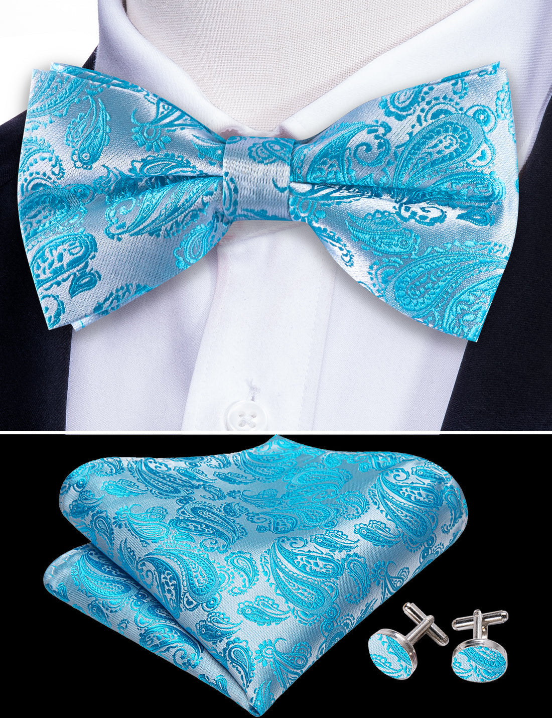 Pale Blue Silver Paisley Bow Tie Set - GentCrest - View 6