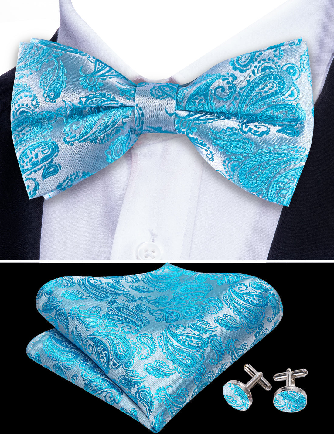 Pale Blue Silver Paisley Bow Tie Set - GentCrest - View 3