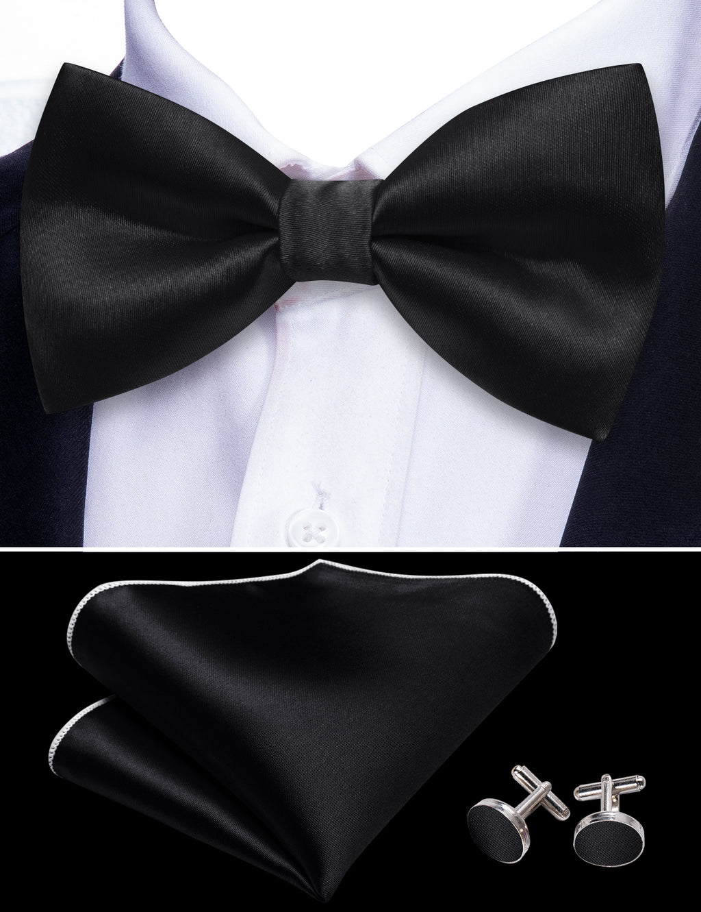 Black Solid Bow Tie Set - GentCrest - View 5