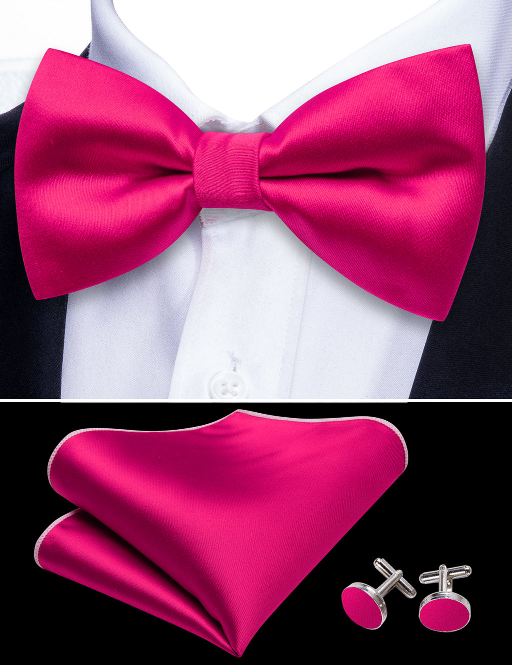Rose Red Solid Bow Tie Set - GentCrest - View 4