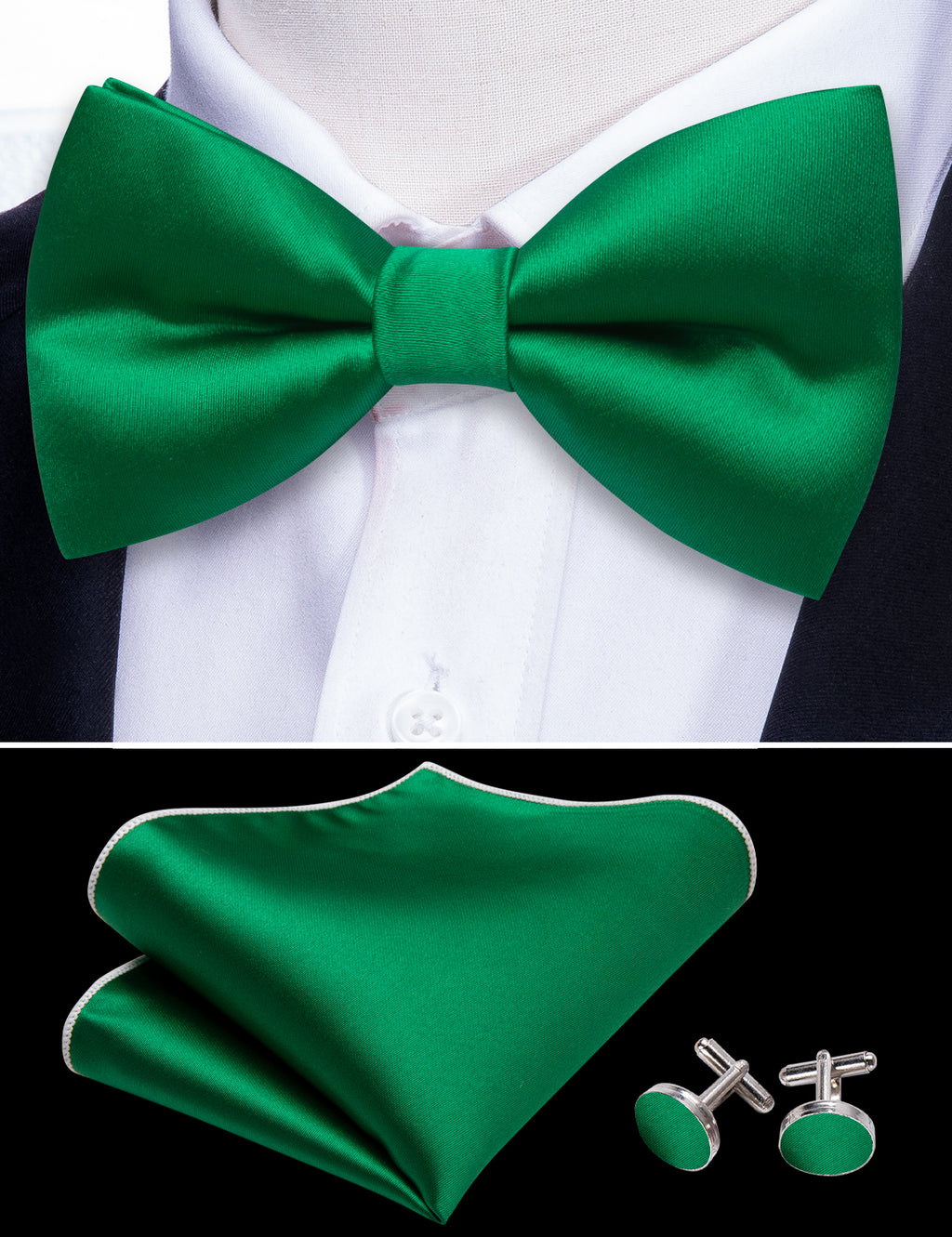 Grass Green Solid Bow Tie Set - GentCrest - View 3