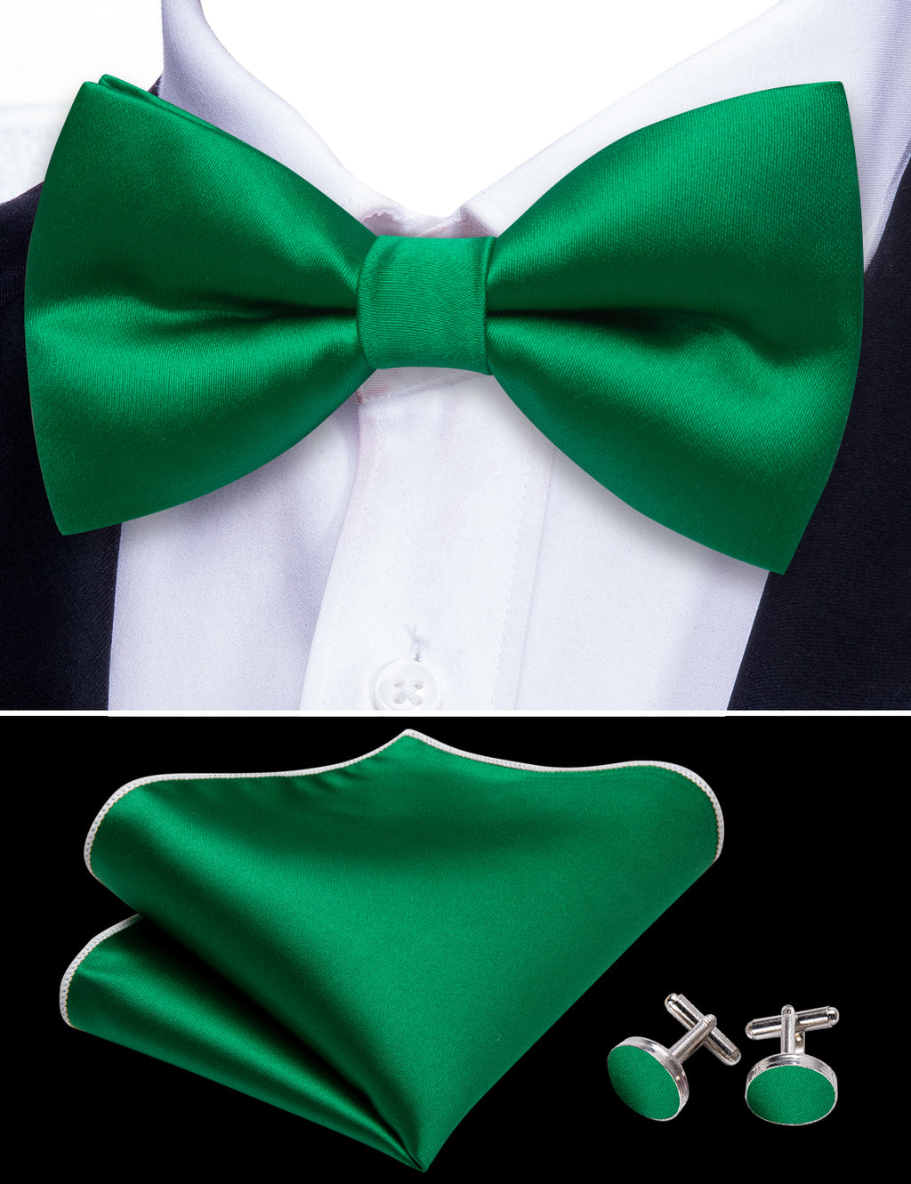 Grass Green Solid Bow Tie Set - GentCrest - View 5