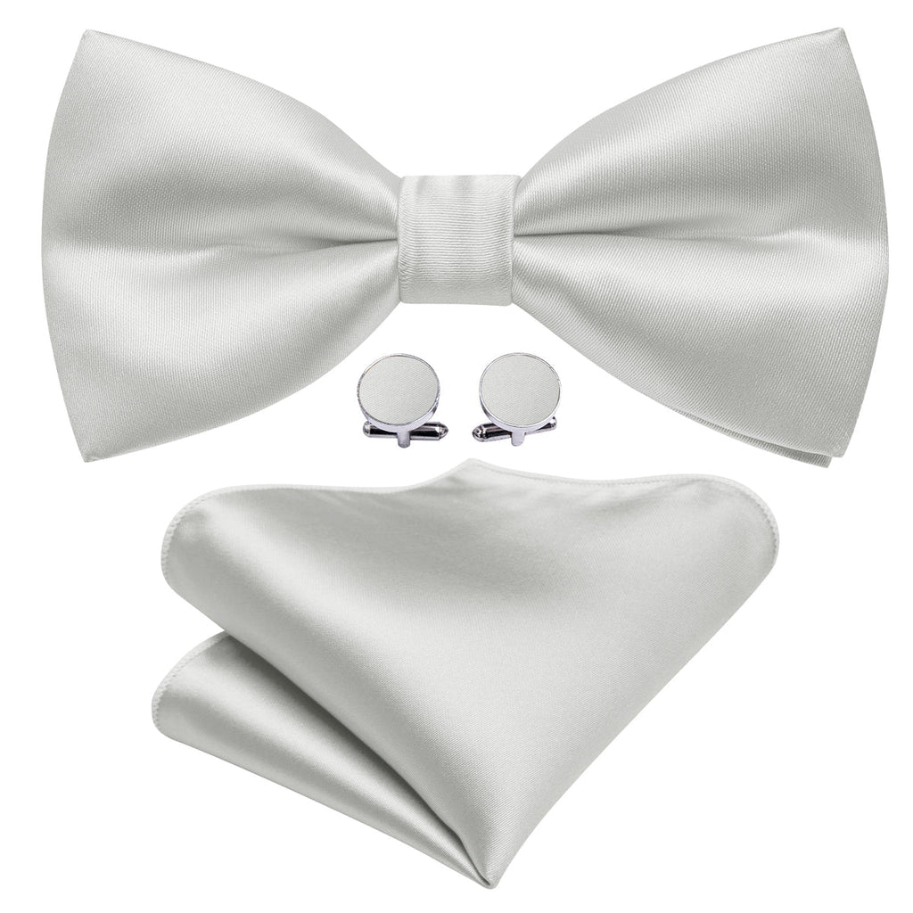 White Grey Solid Satin Bow Tie Set - GentCrest