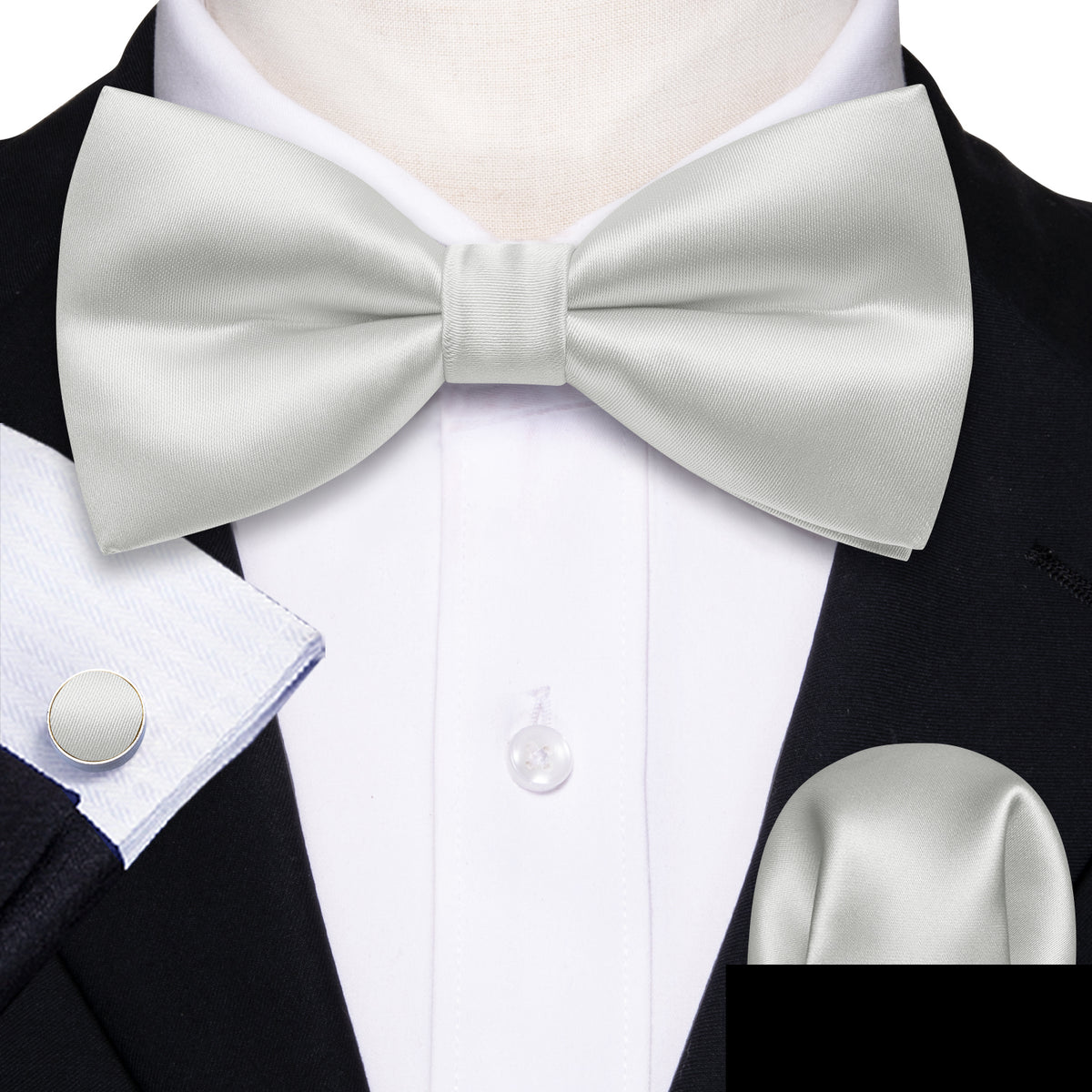 White Grey Solid Satin Bow Tie Set - GentCrest - View 5