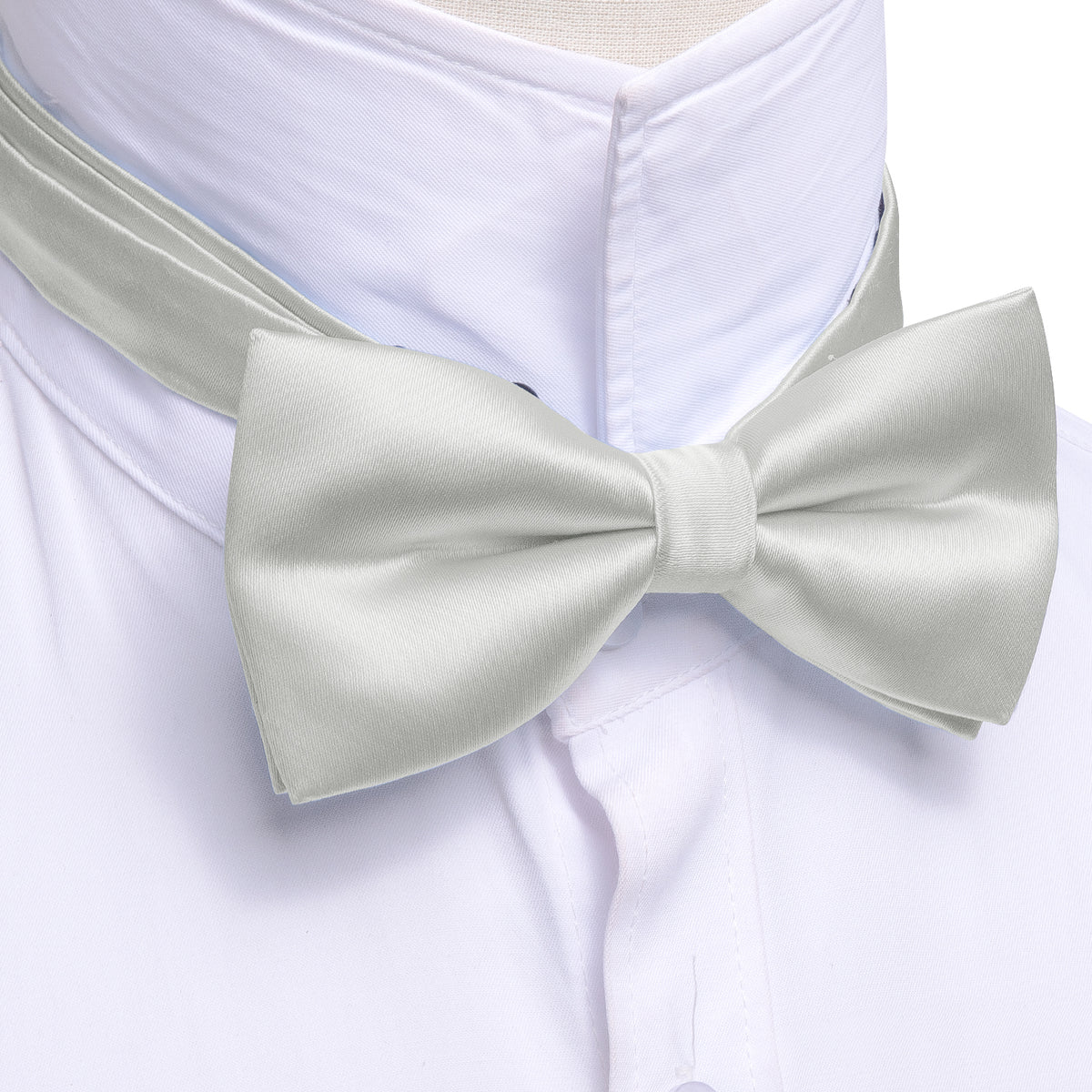 White Grey Solid Satin Bow Tie Set - GentCrest - View 4