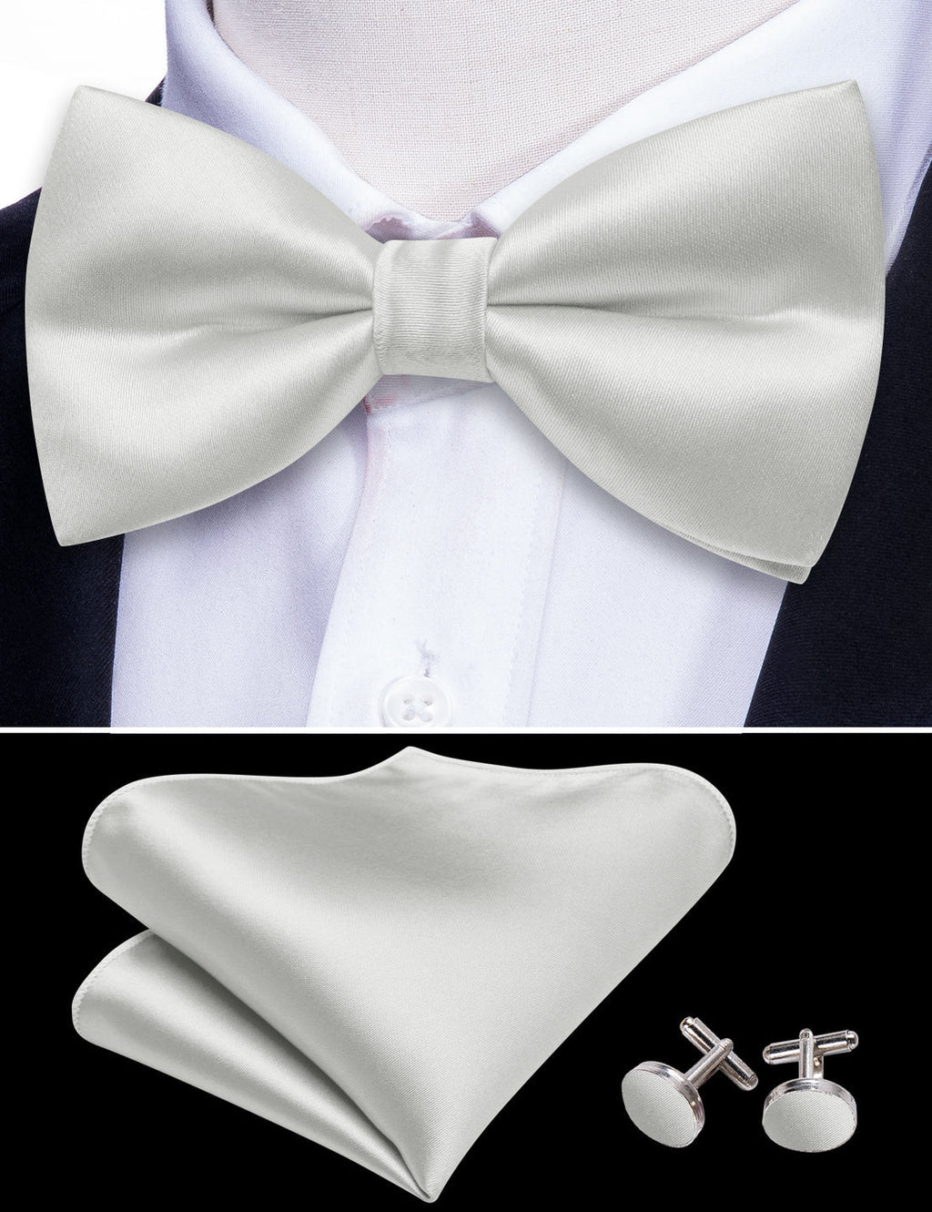 White Grey Solid Satin Bow Tie Set - GentCrest - View 2