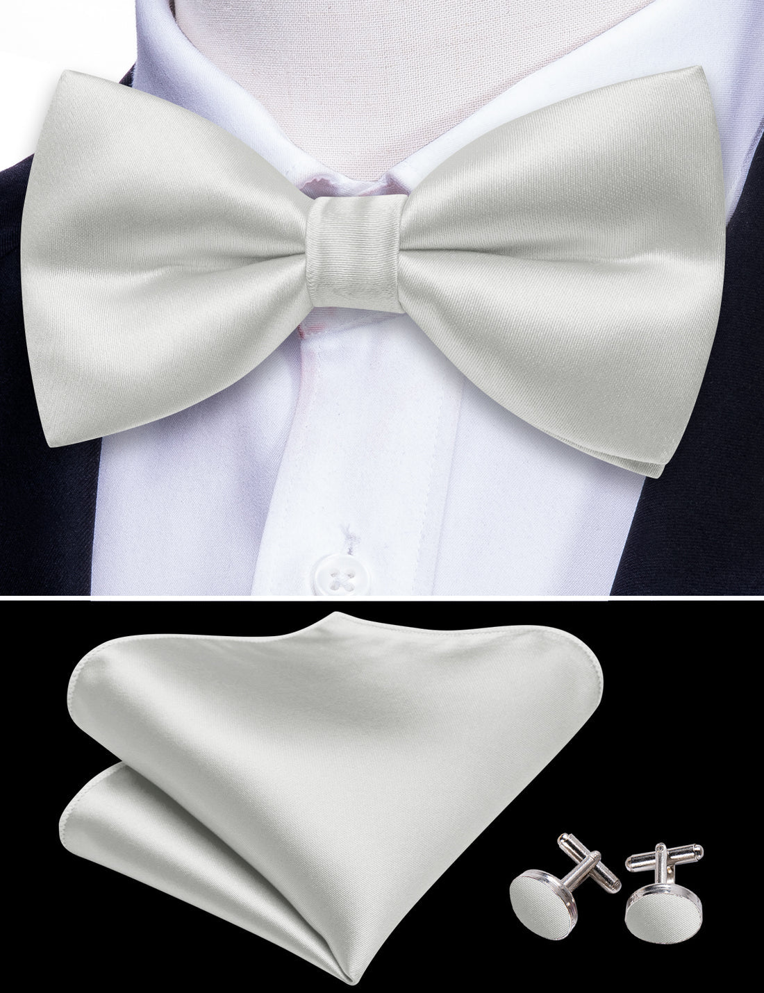 White Grey Solid Satin Bow Tie Set - GentCrest - View 2