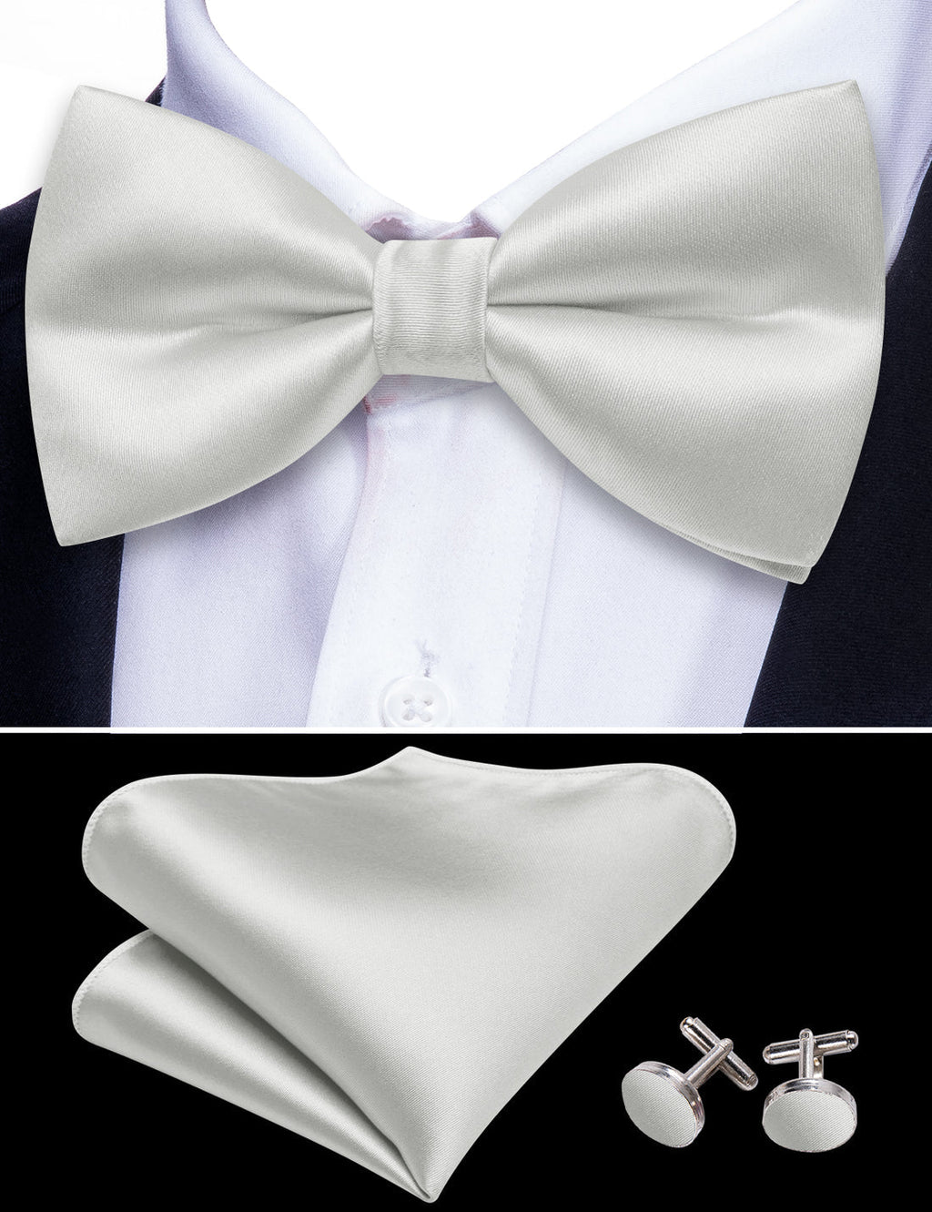 White Grey Solid Satin Bow Tie Set - GentCrest - View 3