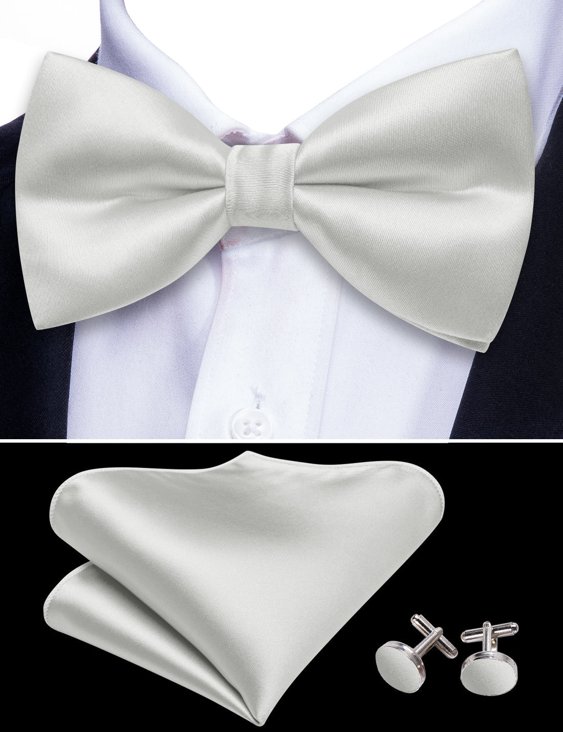 White Grey Solid Satin Bow Tie Set - GentCrest - View 3